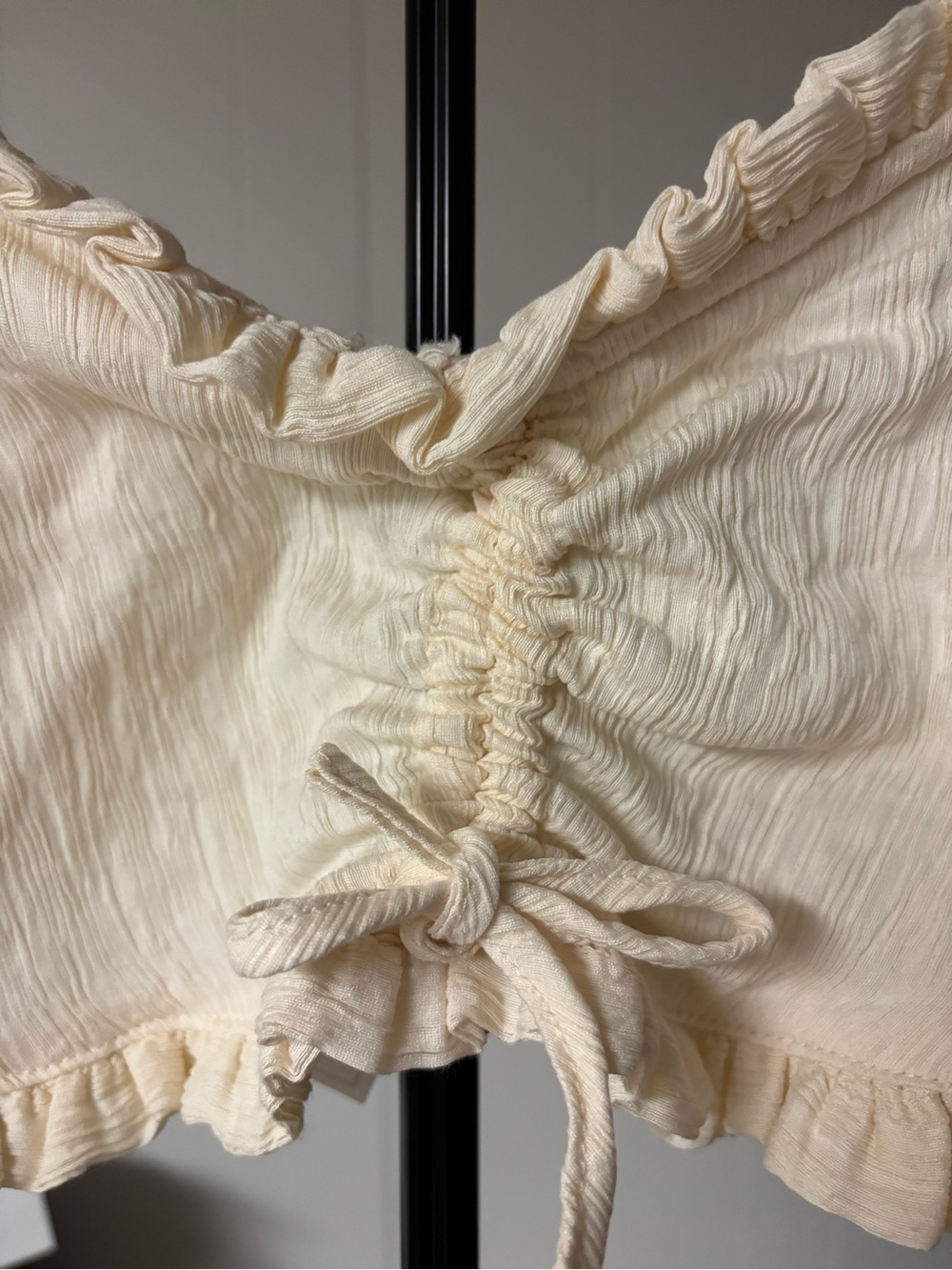 Cream Ruffle Drawstring Crop Top with Spaghetti Straps - Picture 3 of 5